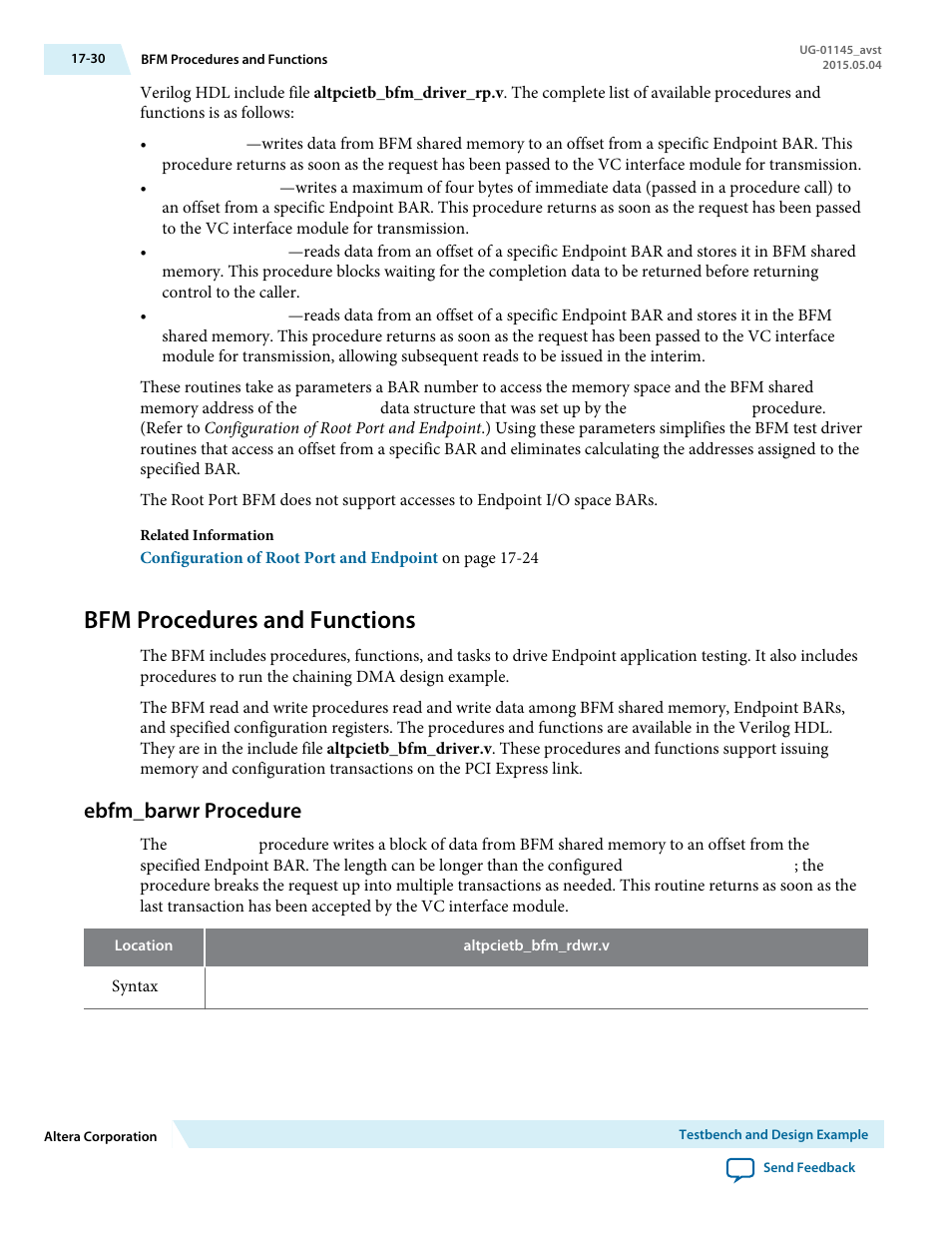 Bfm procedures and functions, Ebfm_barwr procedure, Bfm procedures and functions -30 | Ebfm_barwr procedure -30 | Altera Arria 10 Avalon-ST User Manual | Page 230 / 275