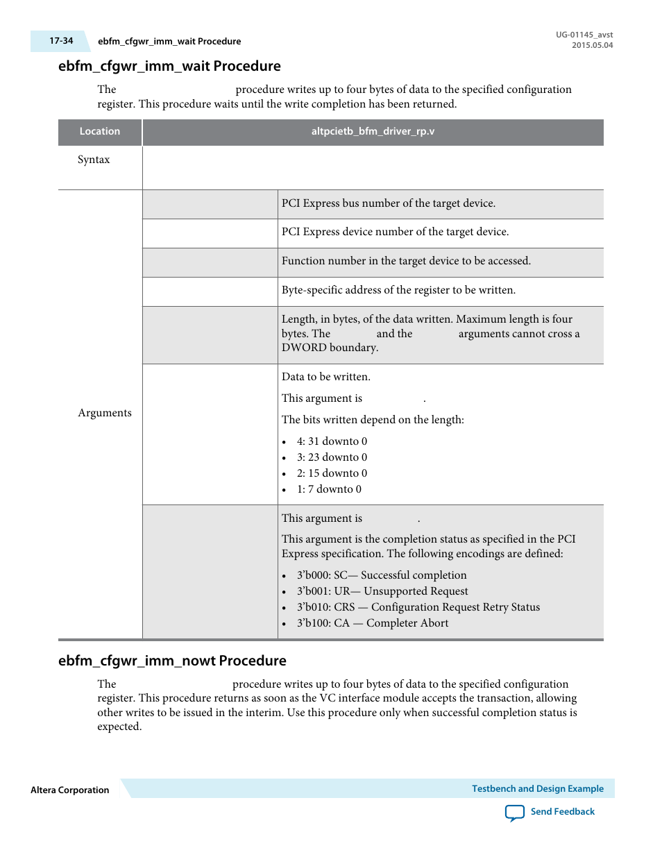 Ebfm_cfgwr_imm_wait procedure, Ebfm_cfgwr_imm_nowt procedure, Ebfm_cfgwr_imm_wait procedure -34 | Ebfm_cfgwr_imm_nowt procedure -34 | Altera Arria 10 Avalon-ST User Manual | Page 234 / 275
