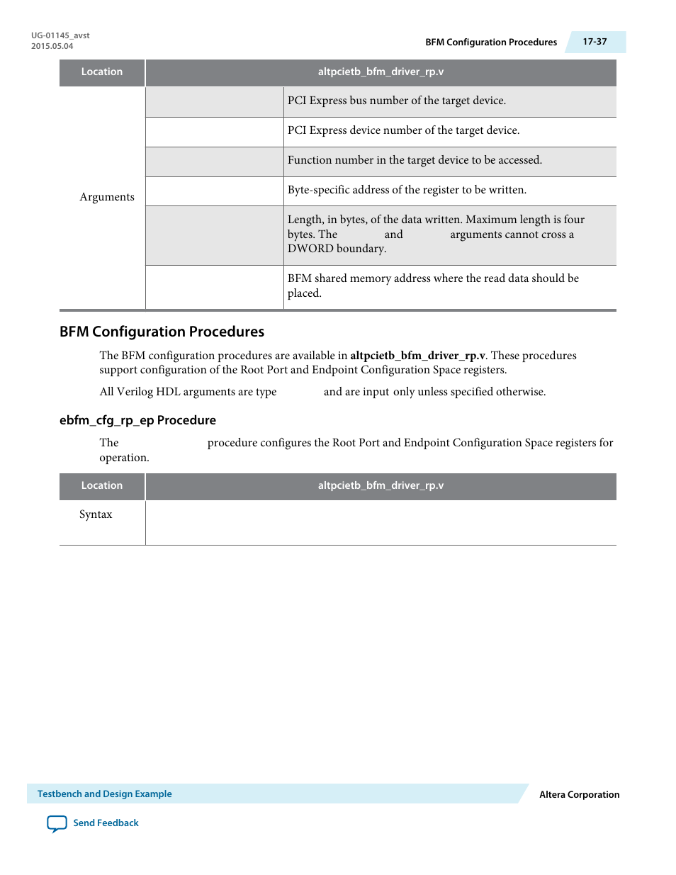 Bfm configuration procedures, Ebfm_cfg_rp_ep procedure, Bfm configuration procedures -37 | Altera Arria 10 Avalon-ST User Manual | Page 237 / 275