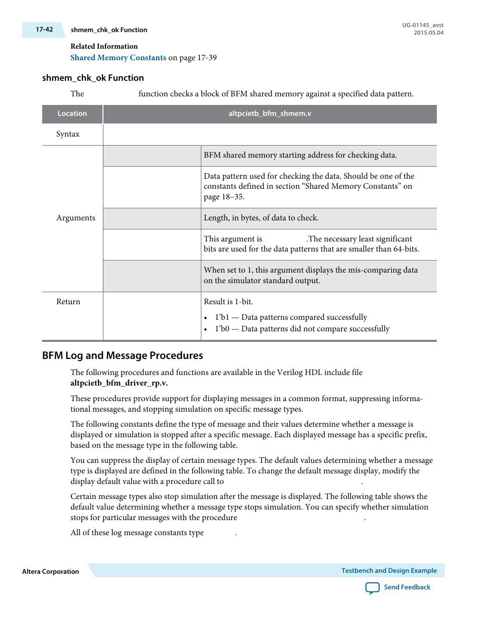 Shmem_chk_ok function, Bfm log and message procedures, Bfm log and message procedures -42 | Altera Arria 10 Avalon-ST User Manual | Page 242 / 275