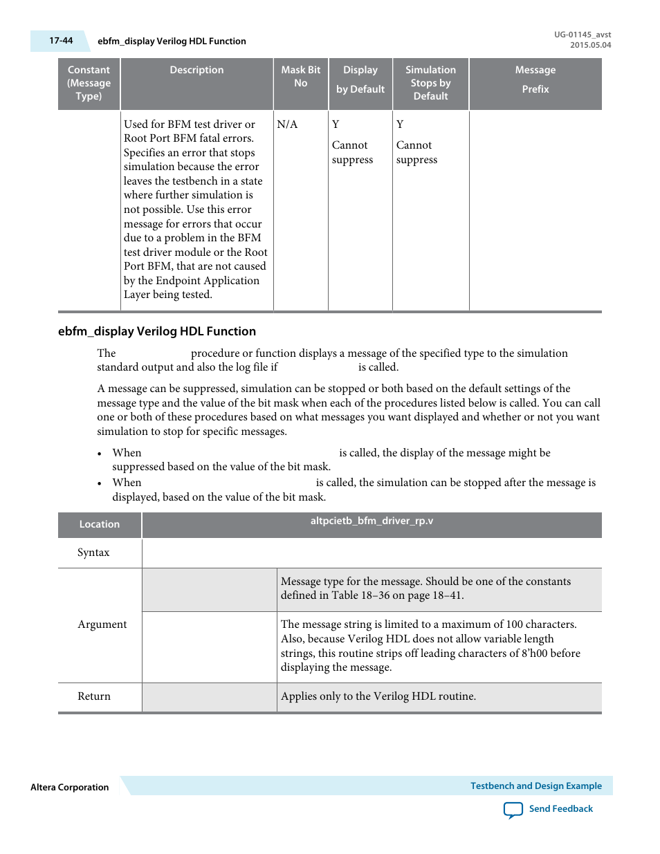 Ebfm_display verilog hdl function | Altera Arria 10 Avalon-ST User Manual | Page 244 / 275