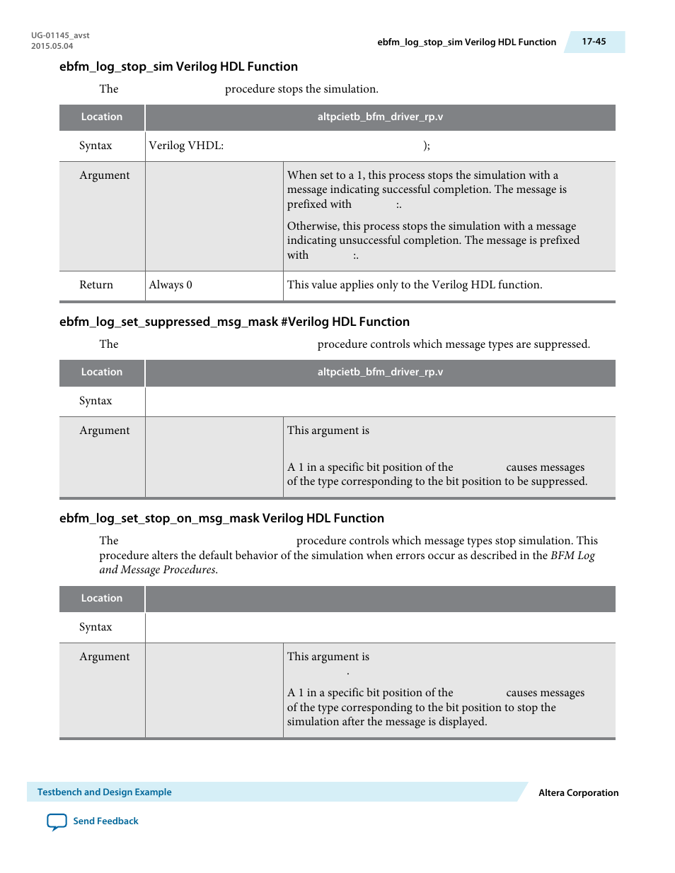 Ebfm_log_stop_sim verilog hdl function, Ebfm_log_set_stop_on_msg_mask verilog hdl function | Altera Arria 10 Avalon-ST User Manual | Page 245 / 275