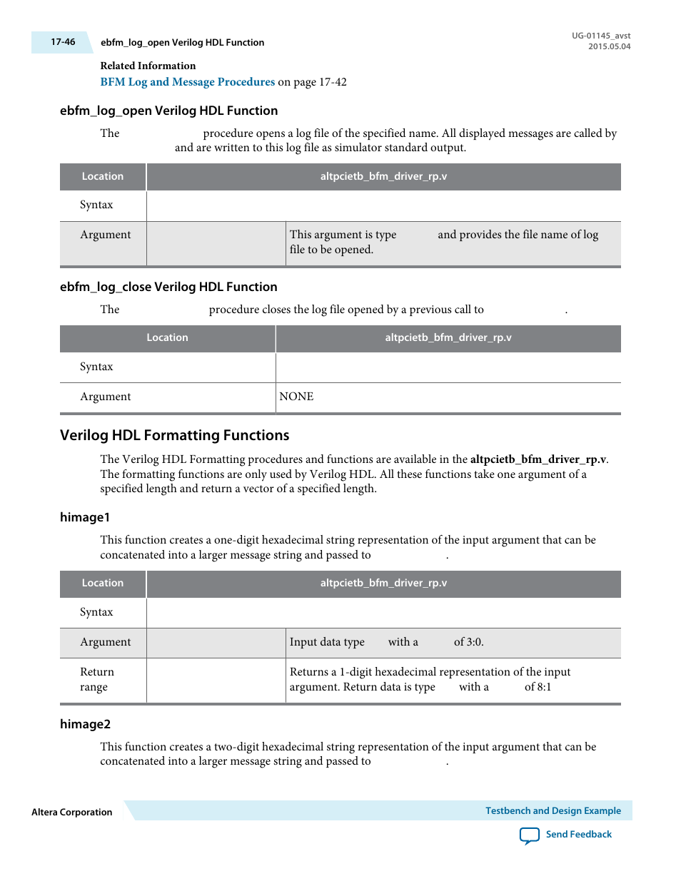 Ebfm_log_open verilog hdl function, Ebfm_log_close verilog hdl function, Verilog hdl formatting functions | Himage1, Himage2, Verilog hdl formatting functions -46 | Altera Arria 10 Avalon-ST User Manual | Page 246 / 275