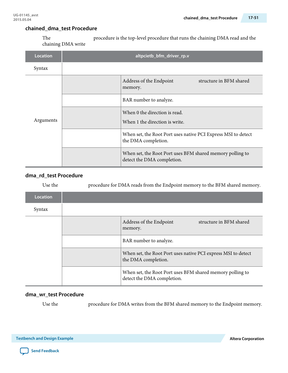 Chained_dma_test procedure, Dma_rd_test procedure, Dma_wr_test procedure | Altera Arria 10 Avalon-ST User Manual | Page 251 / 275
