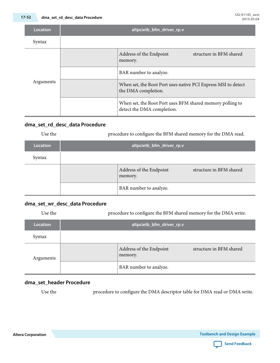 Dma_set_rd_desc_data procedure, Dma_set_wr_desc_data procedure, Dma_set_header procedure | Altera Arria 10 Avalon-ST User Manual | Page 252 / 275