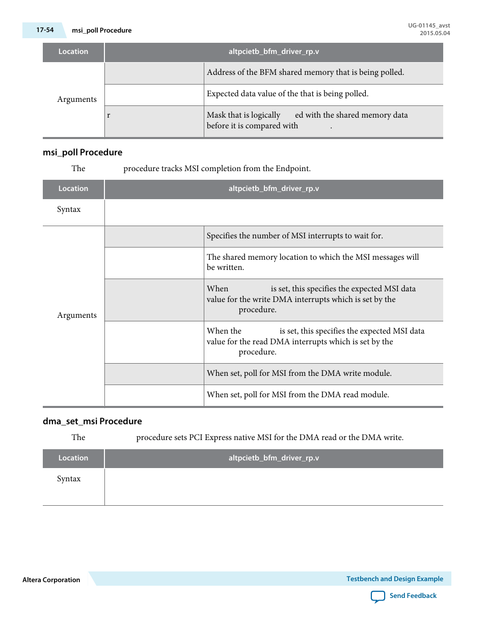 Msi_poll procedure, Dma_set_msi procedure | Altera Arria 10 Avalon-ST User Manual | Page 254 / 275