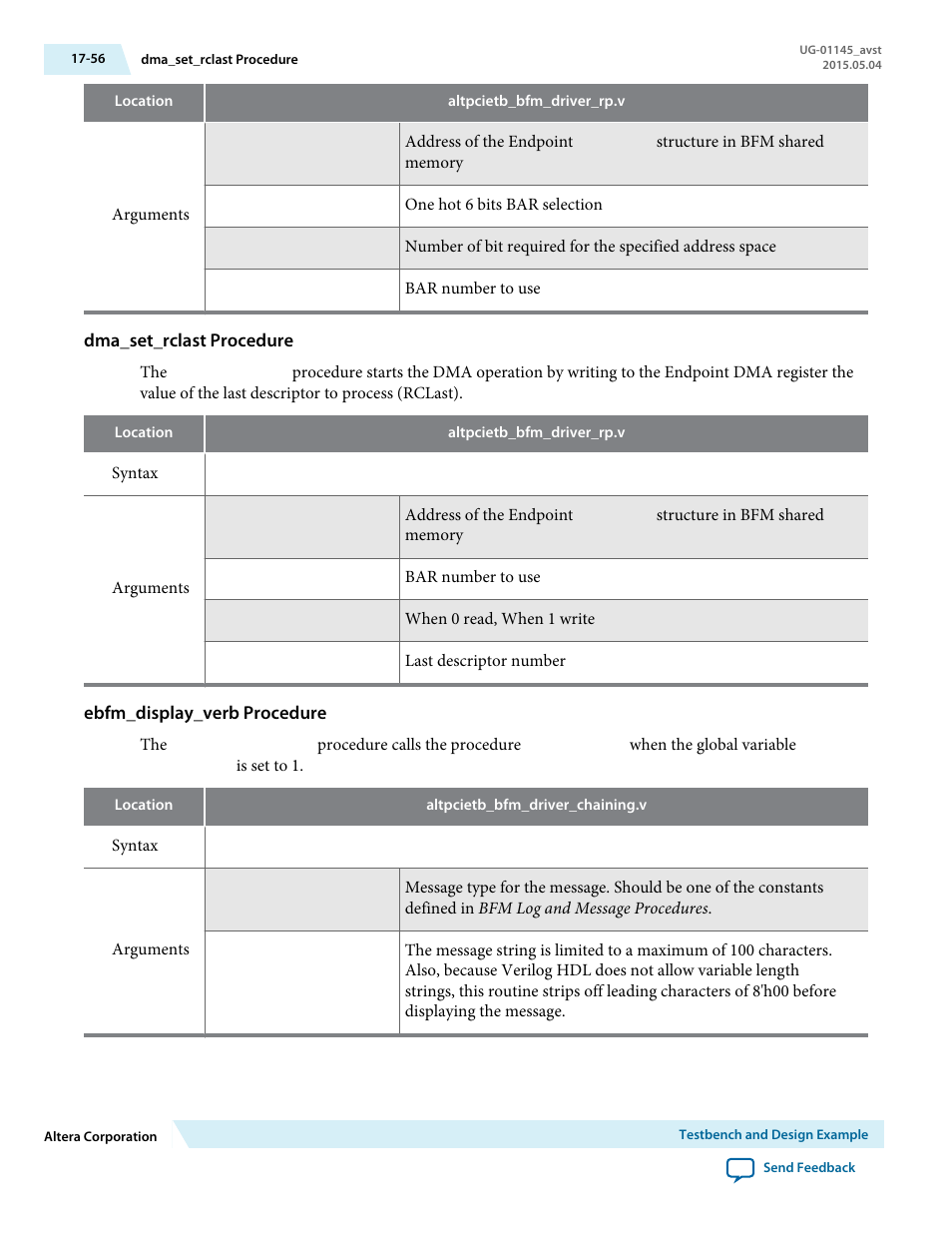 Dma_set_rclast procedure, Ebfm_display_verb procedure | Altera Arria 10 Avalon-ST User Manual | Page 256 / 275