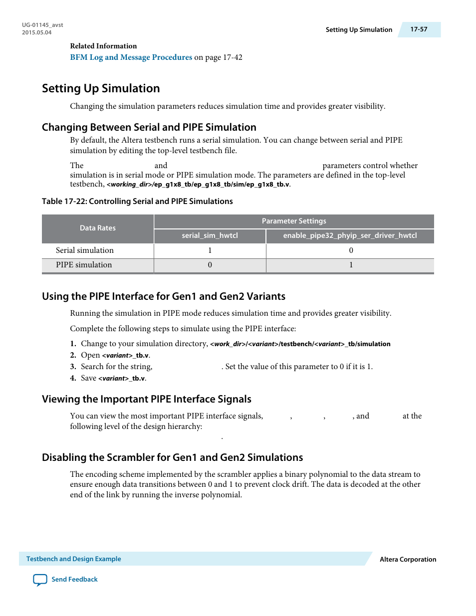 Setting up simulation, Changing between serial and pipe simulation, Viewing the important pipe interface signals | Setting up simulation -57, Changing between serial and pipe simulation -57, Viewing the important pipe interface signals -57 | Altera Arria 10 Avalon-ST User Manual | Page 257 / 275