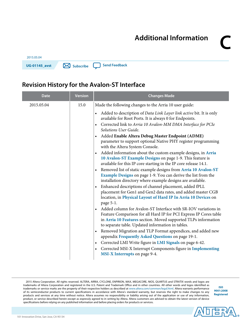 C. additional information, Revision history for the avalon-st interface, Additional information | Altera Arria 10 Avalon-ST User Manual | Page 267 / 275