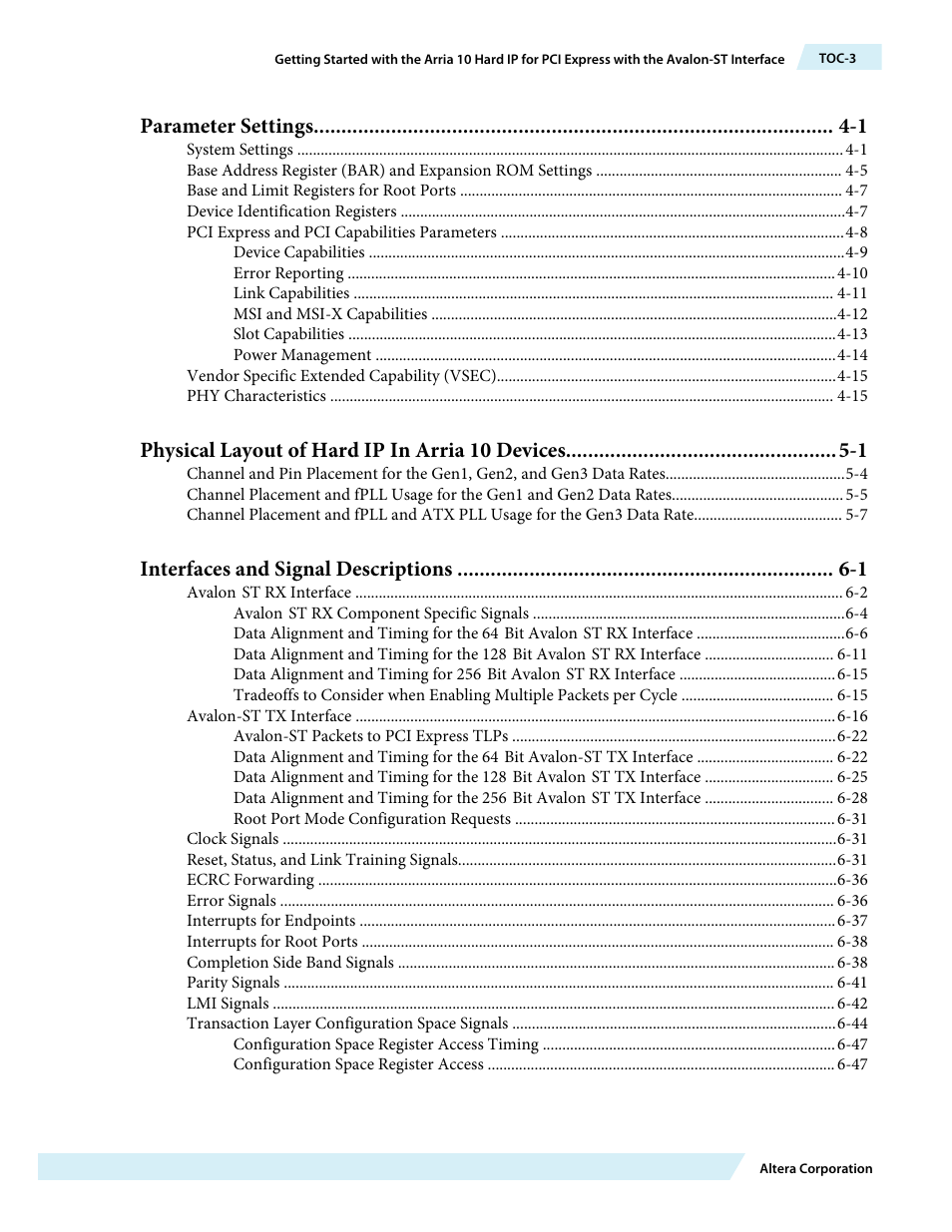 Parameter settings -1, Physical layout of hard ip in arria 10 devices -1, Interfaces and signal descriptions -1 | Altera Arria 10 Avalon-ST User Manual | Page 3 / 275