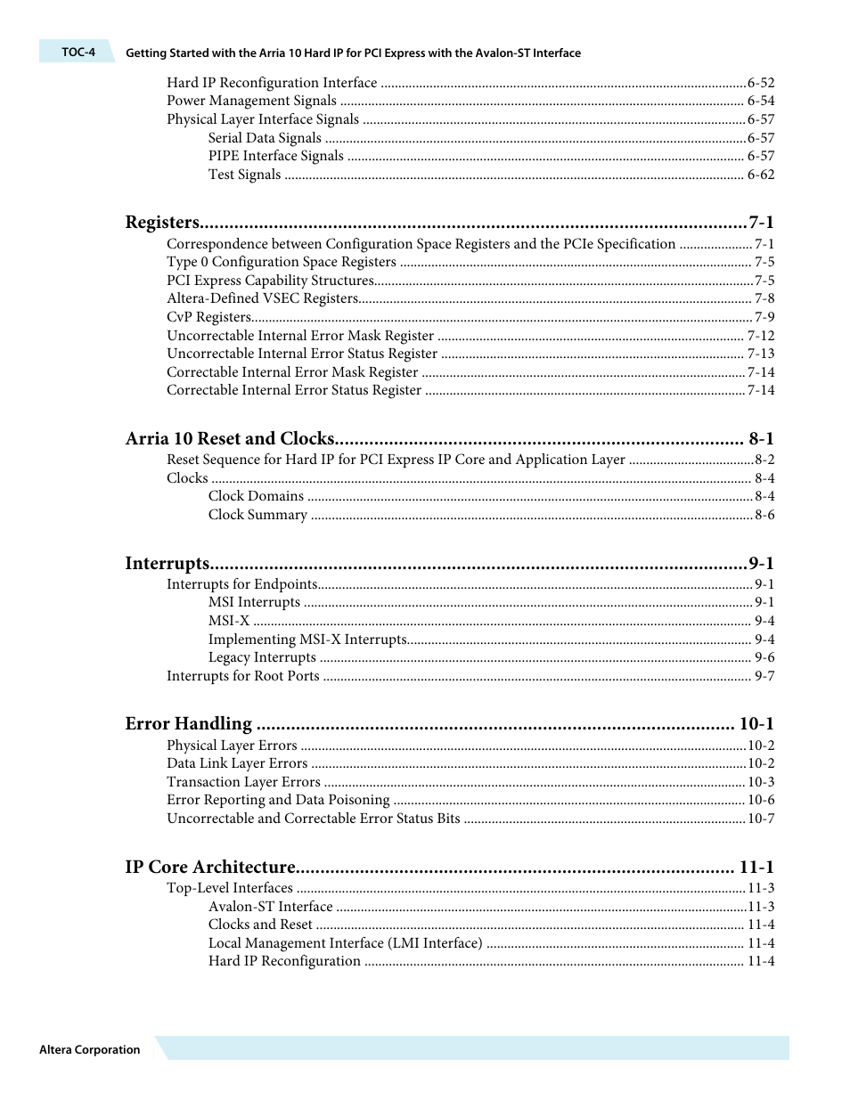 Registers -1, Arria 10 reset and clocks -1, Interrupts -1 | Error handling -1, Ip core architecture -1 | Altera Arria 10 Avalon-ST User Manual | Page 4 / 275