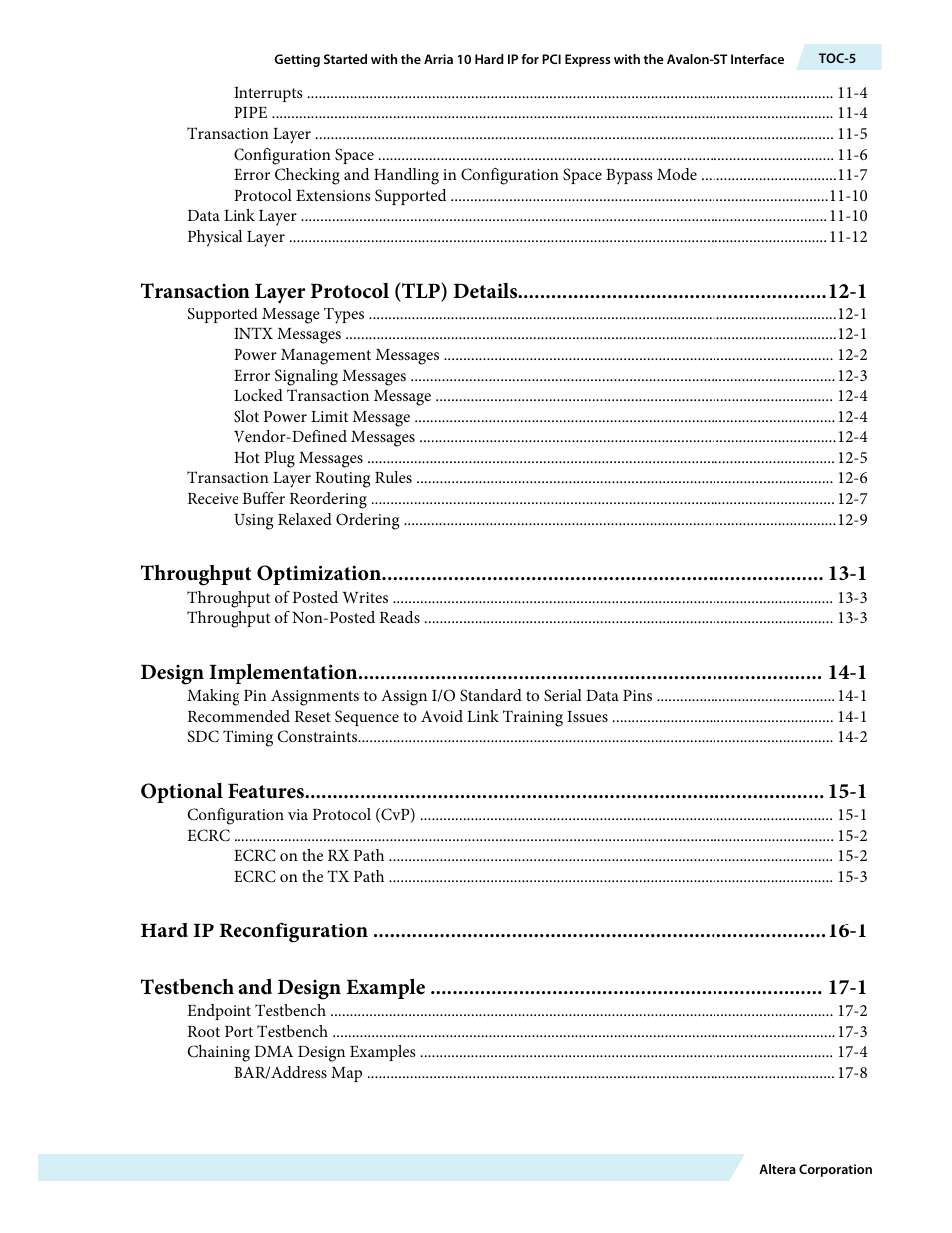 Transaction layer protocol (tlp) details -1, Throughput optimization -1, Design implementation -1 | Optional features -1 | Altera Arria 10 Avalon-ST User Manual | Page 5 / 275