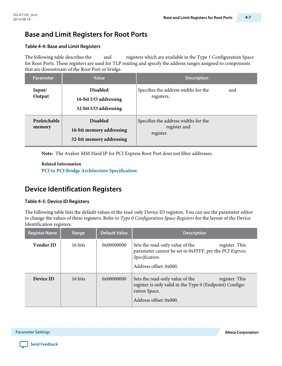 Base and limit registers for root ports, Device identification registers, Base and limit registers for root ports -7 | Device identification registers -7 | Altera Arria 10 Avalon-ST User Manual | Page 50 / 275