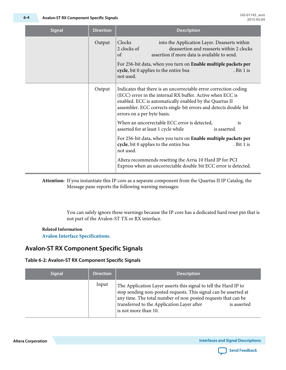 Avalon‑st rx component specific signals, Avalon-st rx component specific signals -4 | Altera Arria 10 Avalon-ST User Manual | Page 70 / 275