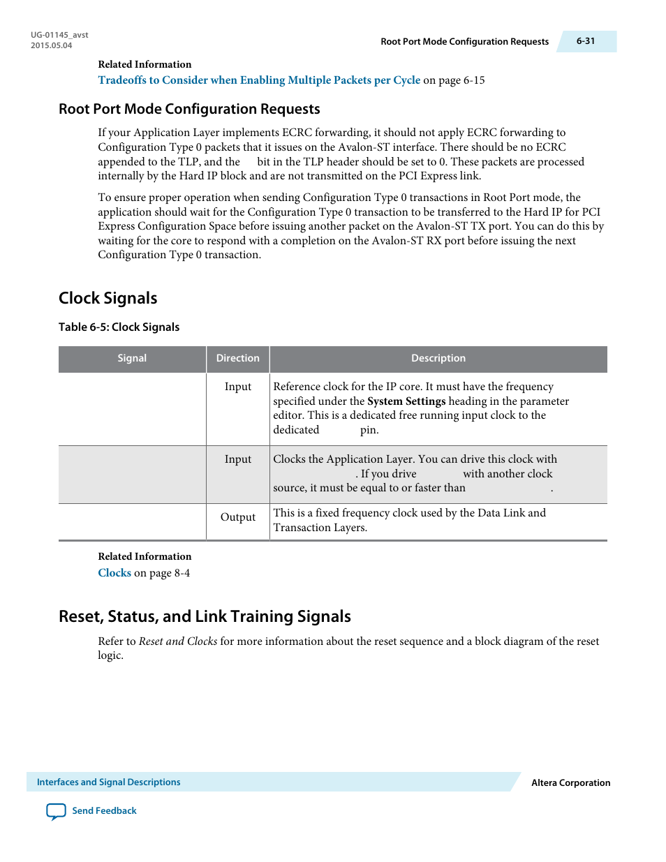 Root port mode configuration requests, Clock signals, Reset, status, and link training signals | Root port mode configuration requests -31, Clock signals -31, Reset, status, and link training signals -31 | Altera Arria 10 Avalon-ST User Manual | Page 97 / 275