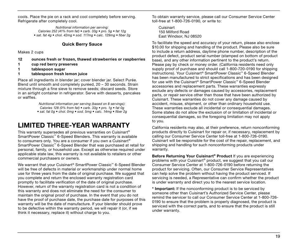 Limited three-year warranty | Cuisinart SMARTPOWER CLASSIC SPB-6 User Manual | Page 19 / 21