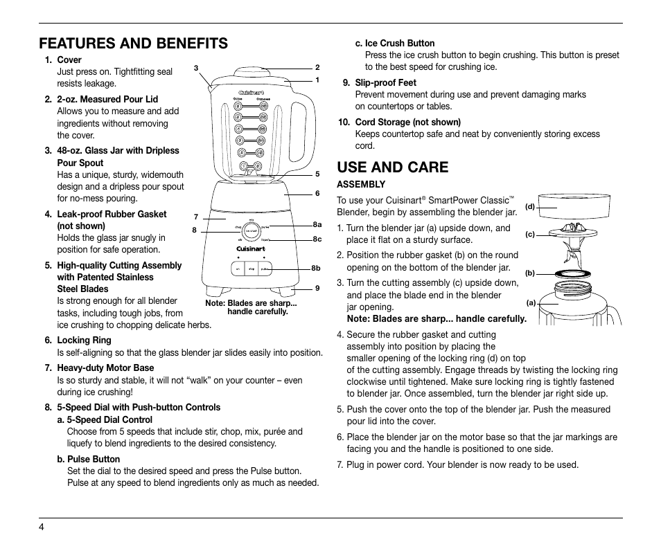 Features and benefits, Use and care | Cuisinart SMARTPOWER CLASSIC SPB-6 User Manual | Page 4 / 21