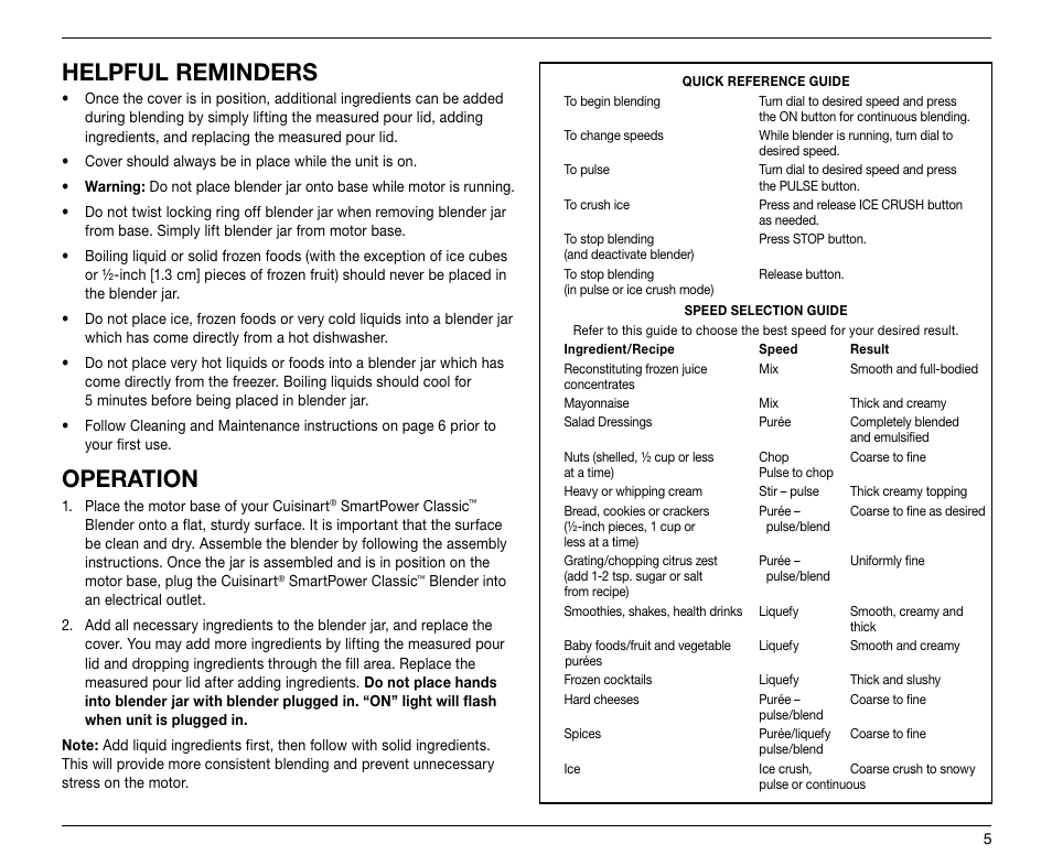 Helpful reminders, Operation | Cuisinart SMARTPOWER CLASSIC SPB-6 User Manual | Page 5 / 21