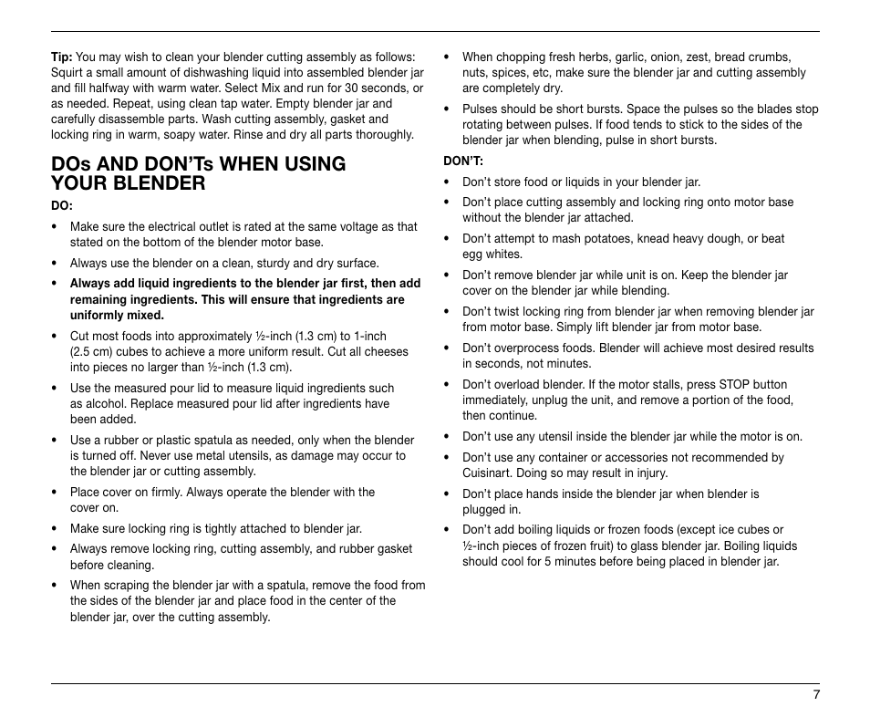 Dos and don’ts when using your blender | Cuisinart SMARTPOWER CLASSIC SPB-6 User Manual | Page 7 / 21