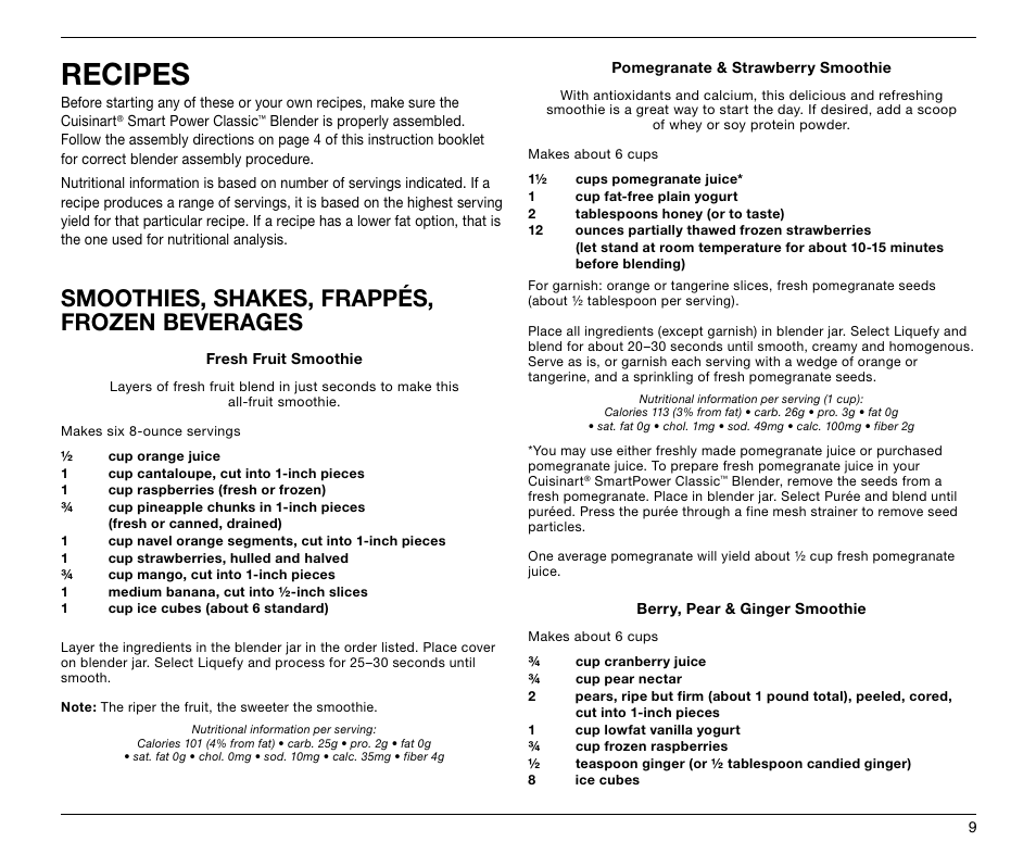 Recipes, Smoothies, shakes, frappés, frozen beverages | Cuisinart SMARTPOWER CLASSIC SPB-6 User Manual | Page 9 / 21