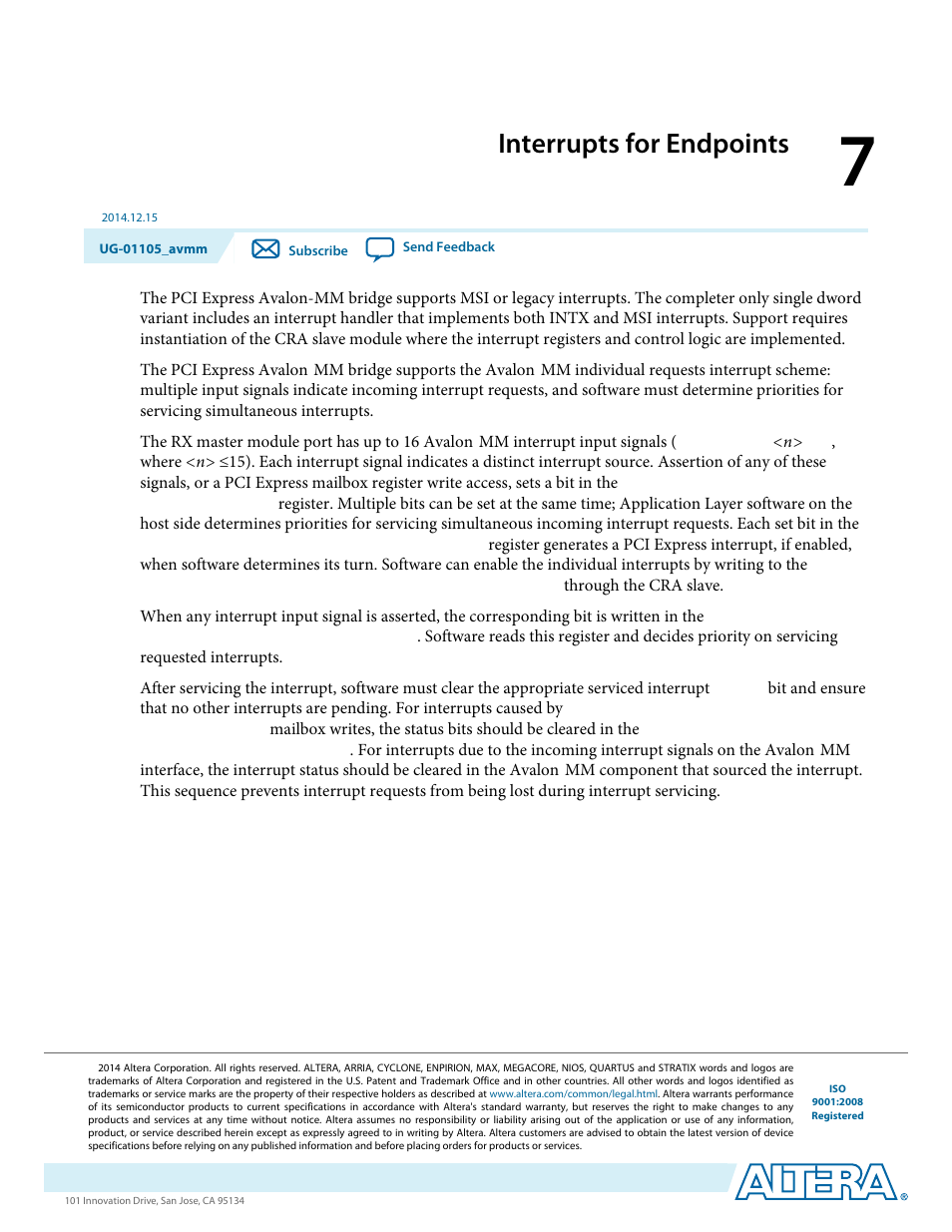 Interrupts for endpoints | Altera Arria V Avalon-MM User Manual | Page 105 / 166