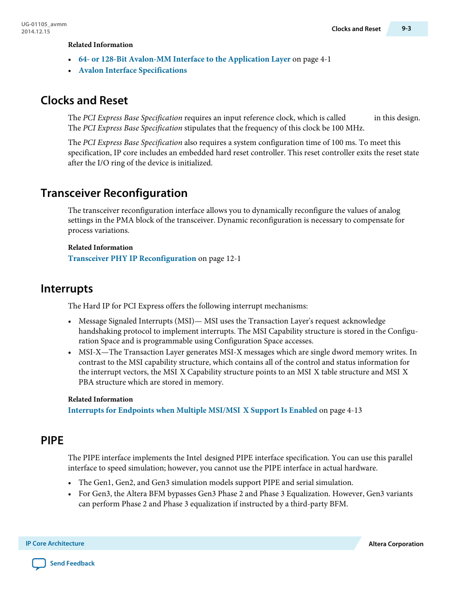 Clocks and reset, Transceiver reconfiguration, Interrupts | Pipe | Altera Arria V Avalon-MM User Manual | Page 119 / 166