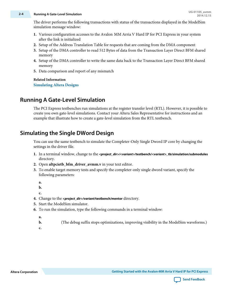 Running a gate-level simulation, Simulating the single dword design | Altera Arria V Avalon-MM User Manual | Page 15 / 166