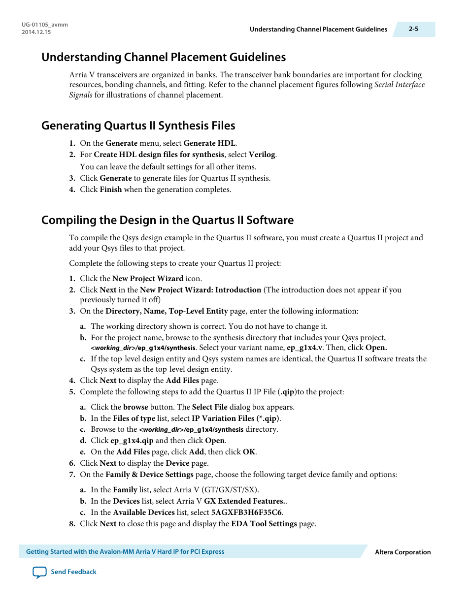 Understanding channel placement guidelines, Generating quartus ii synthesis files, Compiling the design in the quartus ii software | Altera Arria V Avalon-MM User Manual | Page 16 / 166
