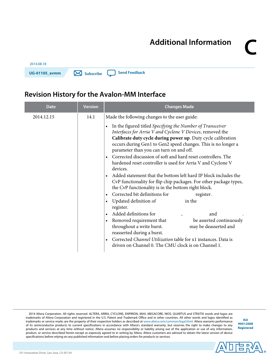 C. additional information, Revision history for the avalon-mm interface, Additional information | Altera Arria V Avalon-MM User Manual | Page 160 / 166