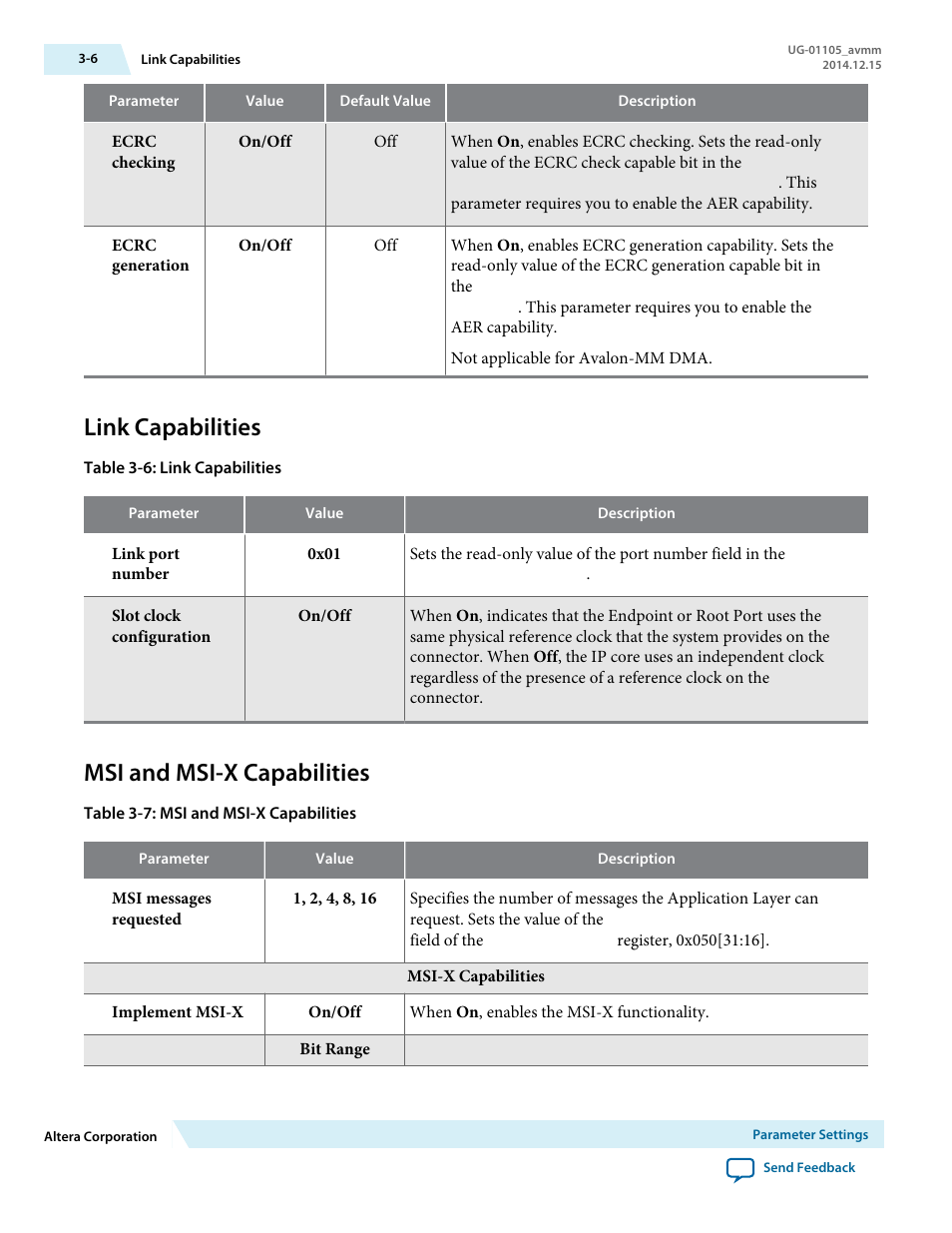 Link capabilities, Msi and msi-x capabilities | Altera Arria V Avalon-MM User Manual | Page 25 / 166