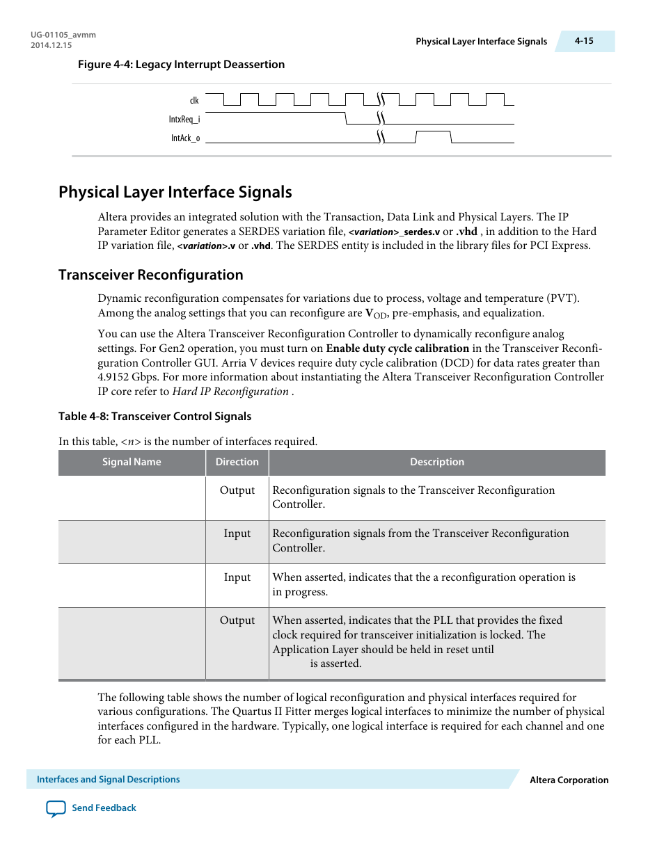 Physical layer interface signals, Transceiver reconfiguration | Altera Arria V Avalon-MM User Manual | Page 45 / 166