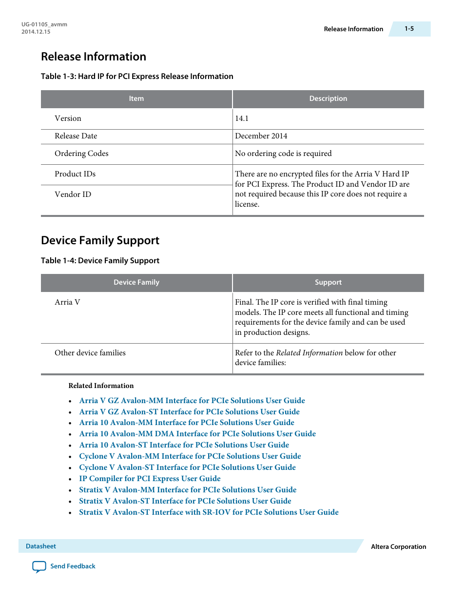 Release information, Device family support | Altera Arria V Avalon-MM User Manual | Page 6 / 166