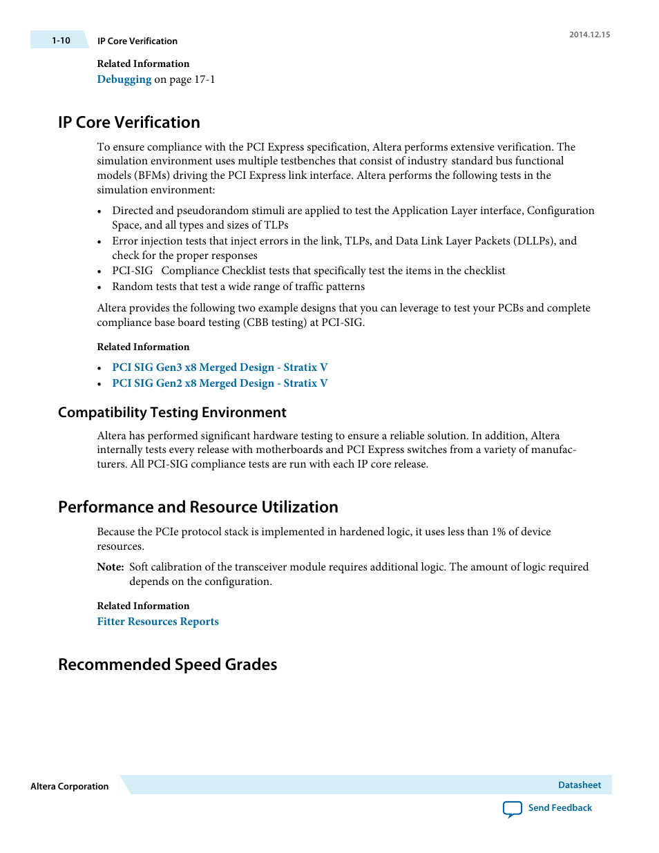 Ip core verification, Compatibility testing environment, Performance and resource utilization | Recommended speed grades | Altera Arria V Avalon-ST User Manual | Page 11 / 248