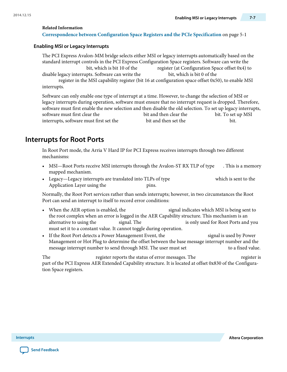 Enabling msi or legacy interrupts, Interrupts for root ports | Altera Arria V Avalon-ST User Manual | Page 125 / 248