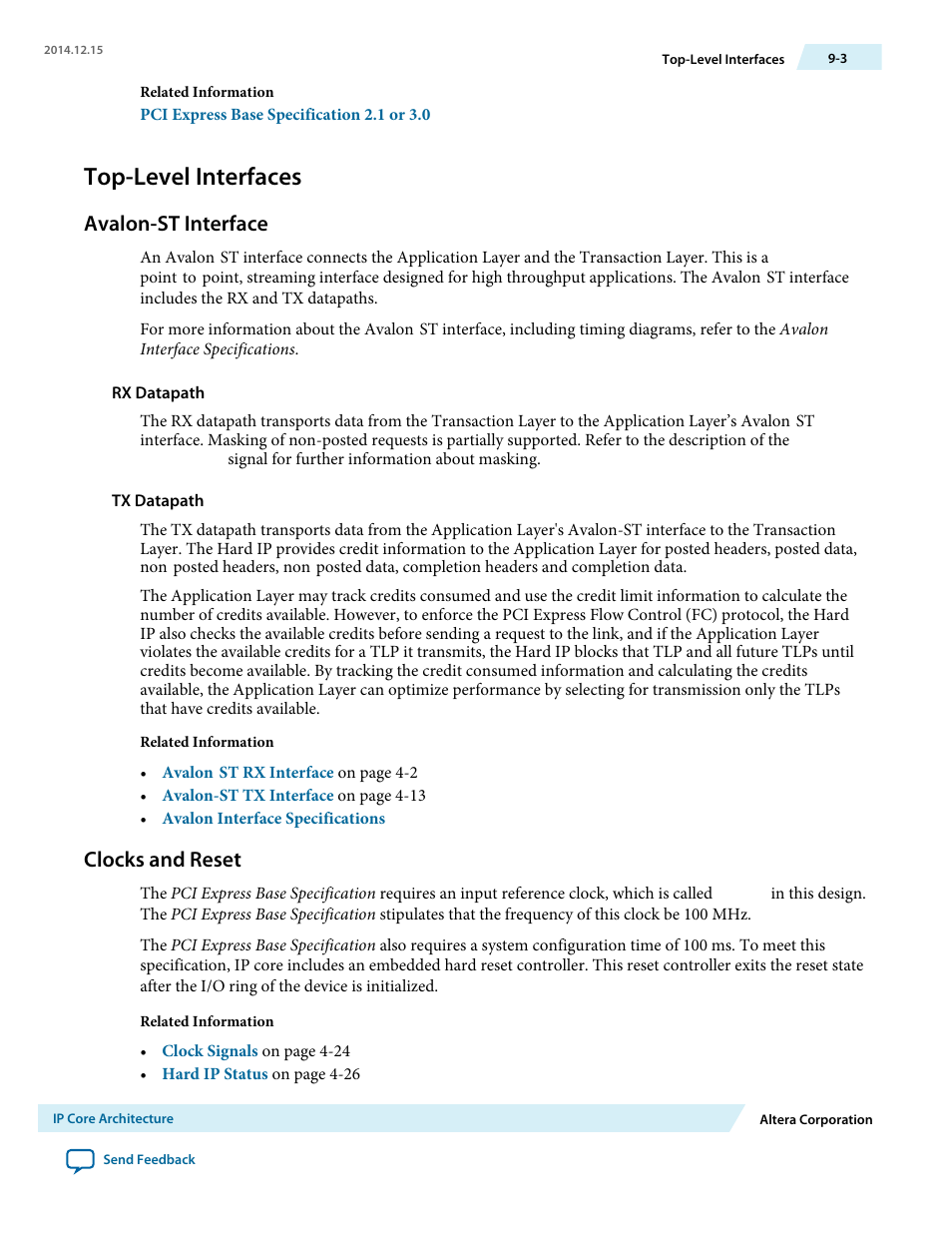 Top-level interfaces, Avalon-st interface, Clocks and reset | Altera Arria V Avalon-ST User Manual | Page 136 / 248