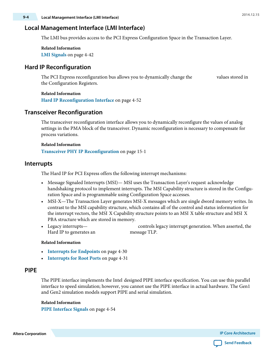 Local management interface (lmi interface), Hard ip reconfiguration, Transceiver reconfiguration | Interrupts, Pipe | Altera Arria V Avalon-ST User Manual | Page 137 / 248