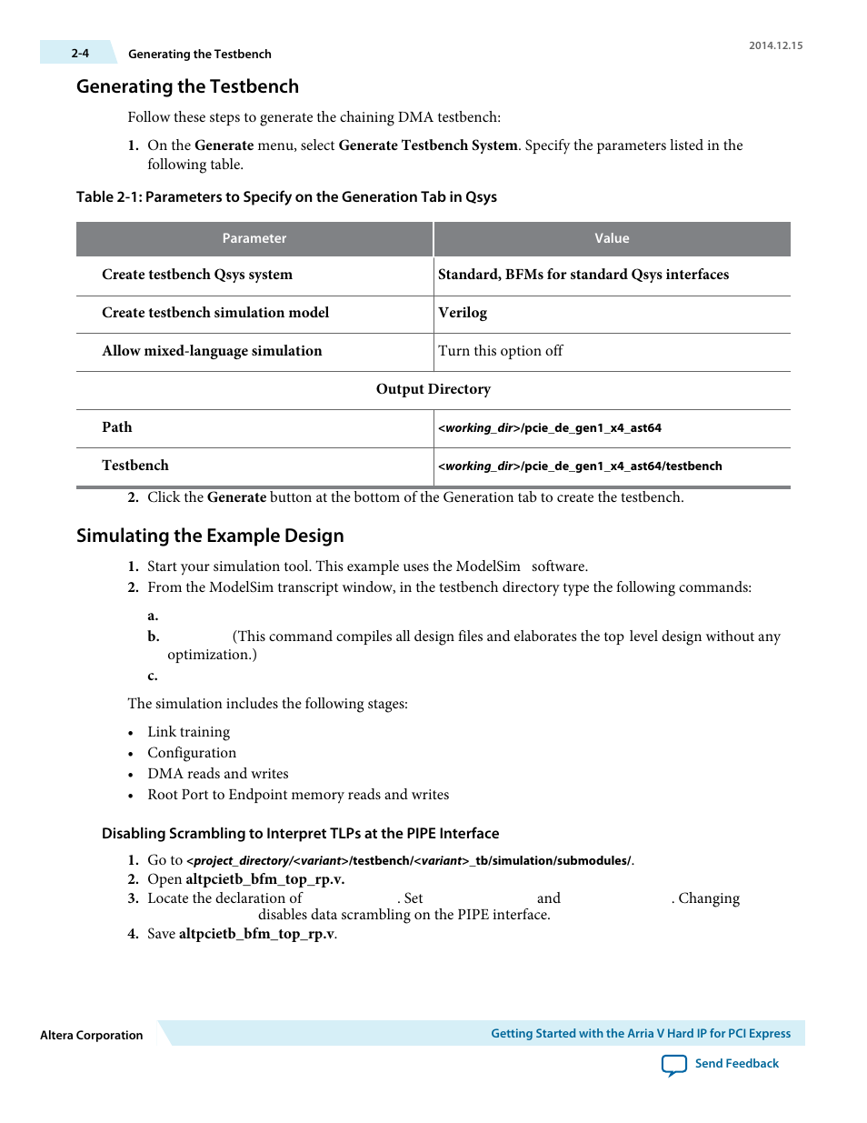 Generating the testbench, Simulating the example design | Altera Arria V Avalon-ST User Manual | Page 17 / 248