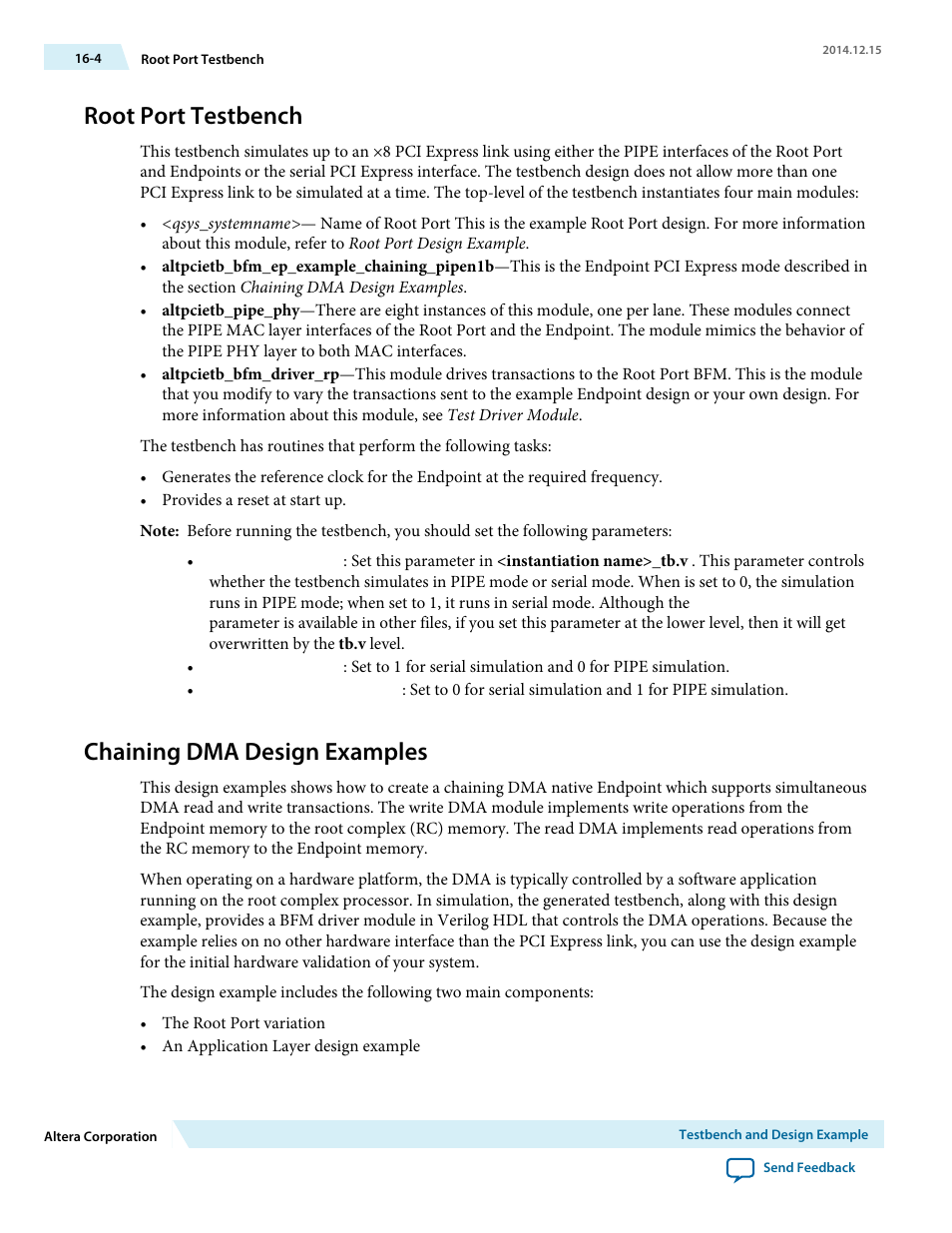 Root port testbench, Chaining dma design examples | Altera Arria V Avalon-ST User Manual | Page 174 / 248