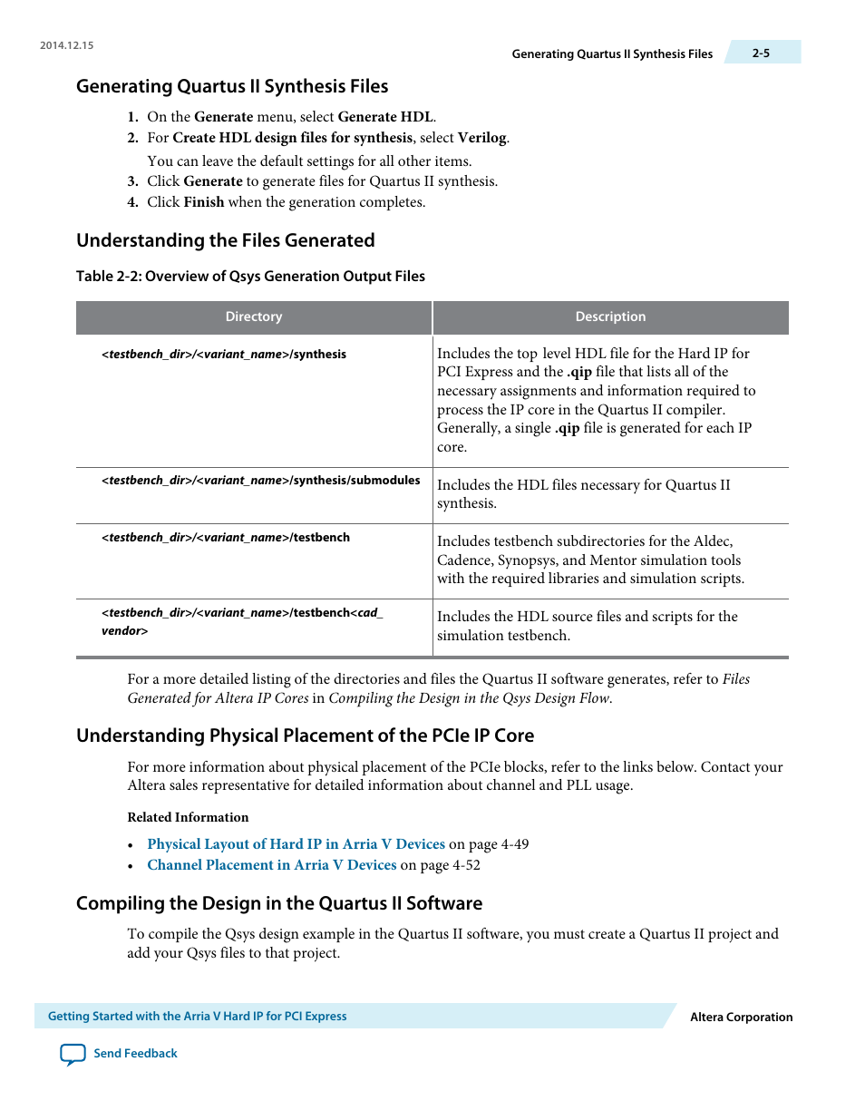 Generating quartus ii synthesis files, Understanding the files generated, Compiling the design in the quartus ii software | Altera Arria V Avalon-ST User Manual | Page 18 / 248