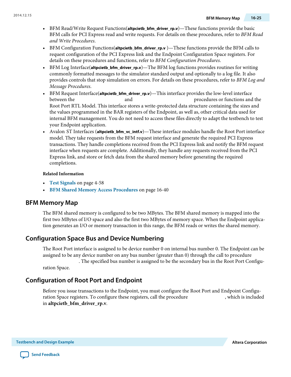 Bfm memory map, Configuration space bus and device numbering, Configuration of root port and endpoint | Altera Arria V Avalon-ST User Manual | Page 195 / 248