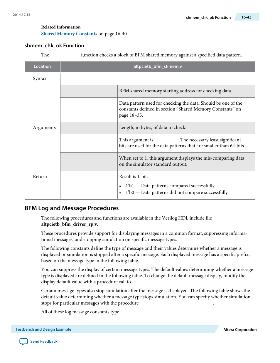 Shmem_chk_ok function, Bfm log and message procedures | Altera Arria V Avalon-ST User Manual | Page 213 / 248