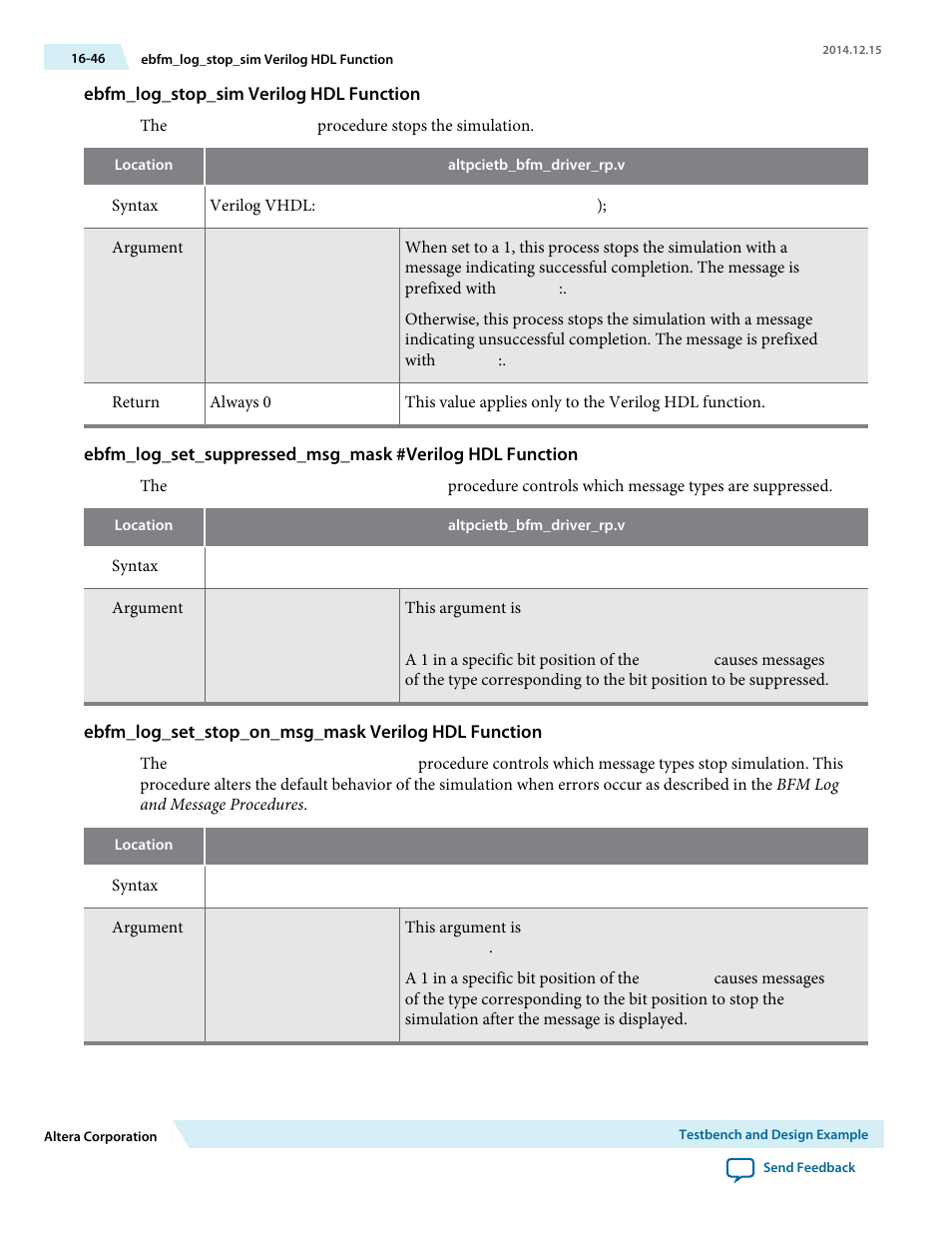 Ebfm_log_stop_sim verilog hdl function, Ebfm_log_set_stop_on_msg_mask verilog hdl function | Altera Arria V Avalon-ST User Manual | Page 216 / 248