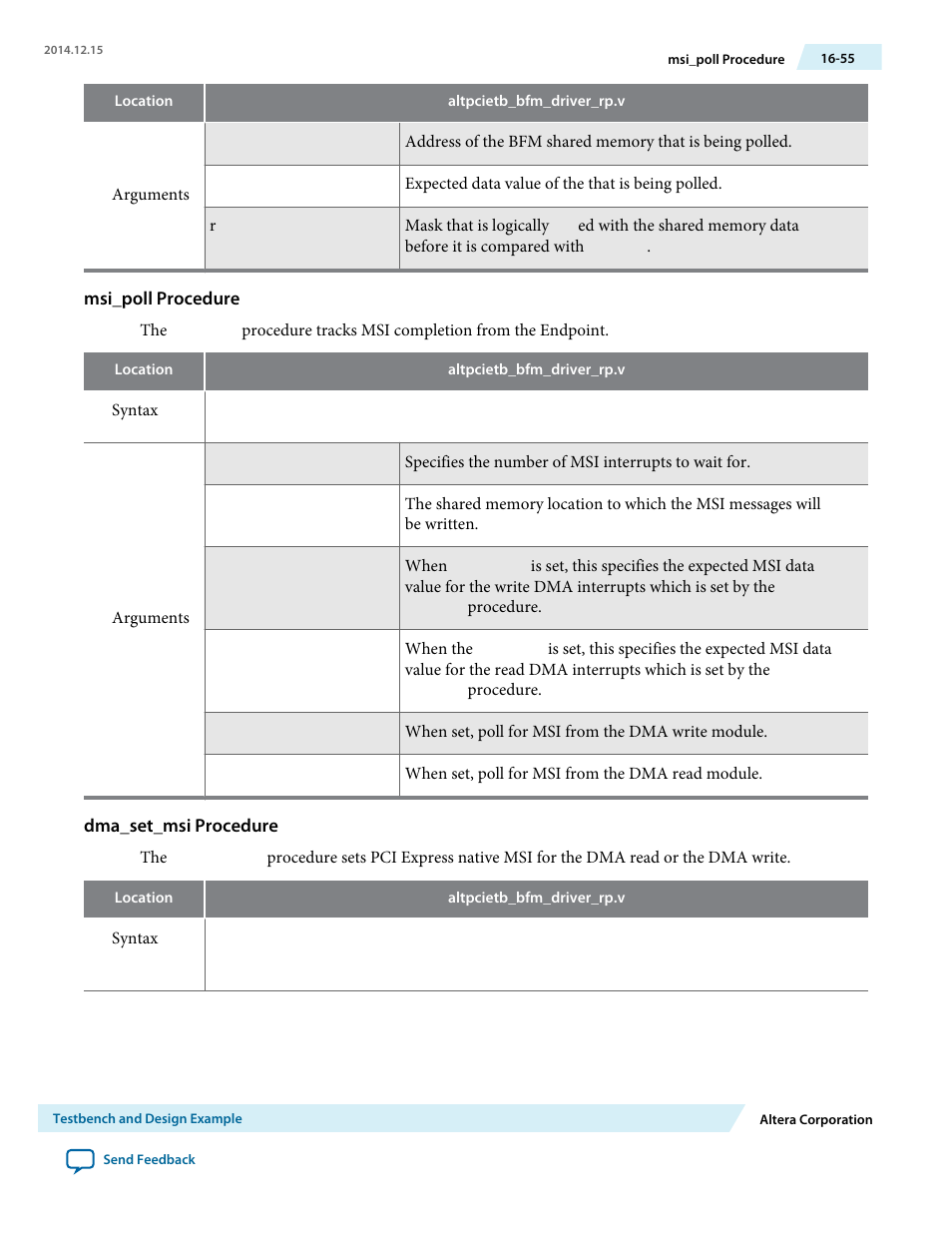 Msi_poll procedure, Dma_set_msi procedure | Altera Arria V Avalon-ST User Manual | Page 225 / 248