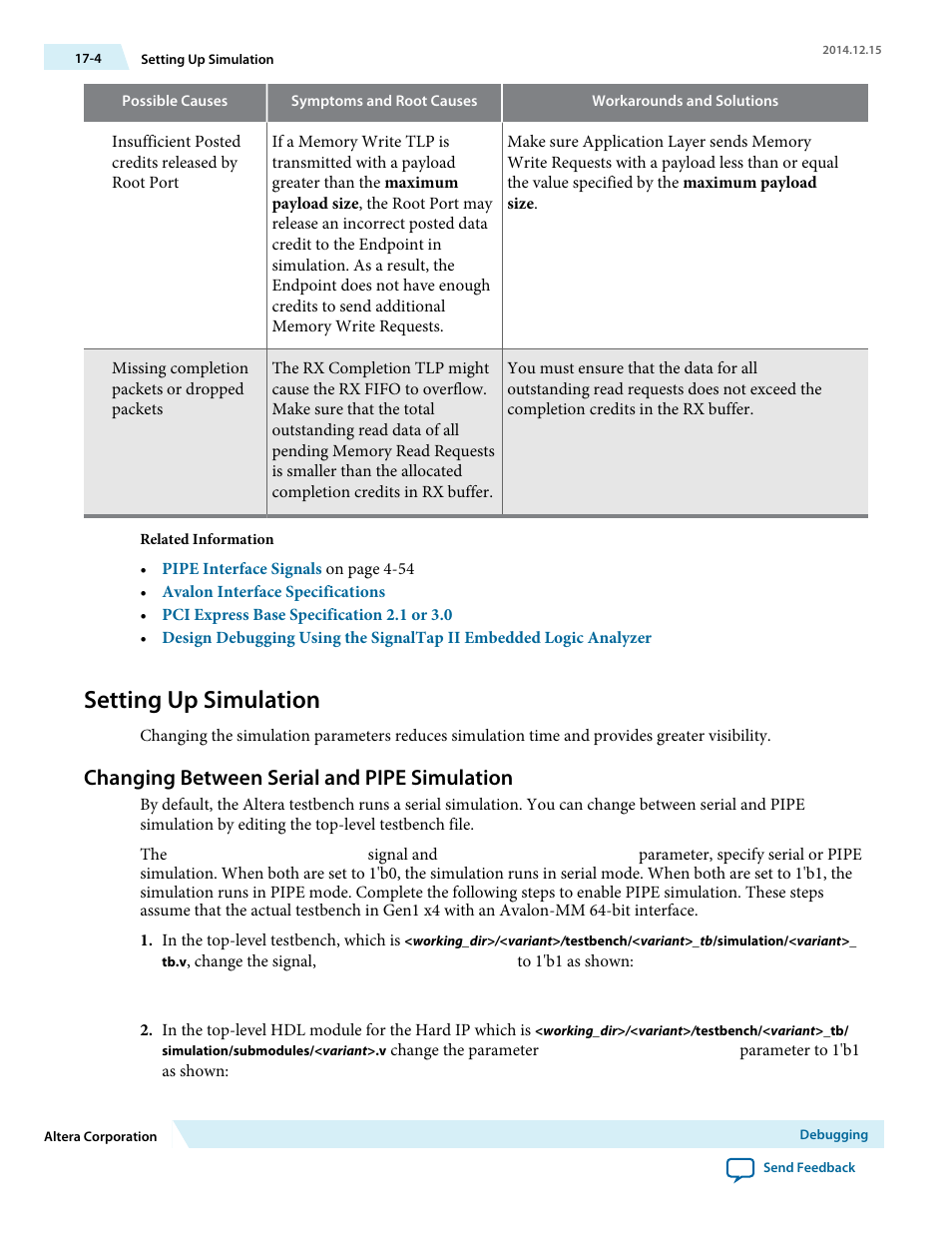 Setting up simulation, Changing between serial and pipe simulation | Altera Arria V Avalon-ST User Manual | Page 232 / 248