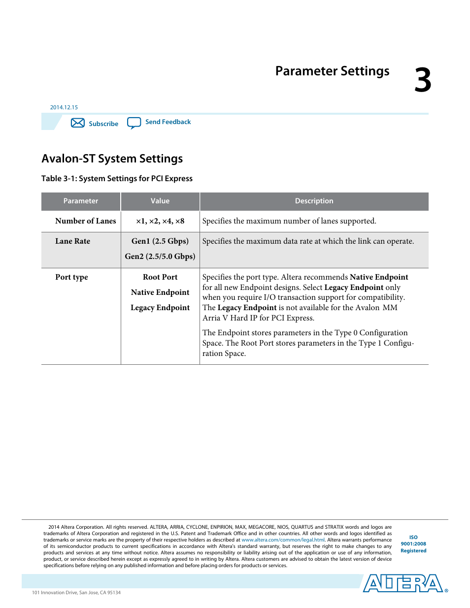 Parameter settings, Avalon-st system settings | Altera Arria V Avalon-ST User Manual | Page 24 / 248