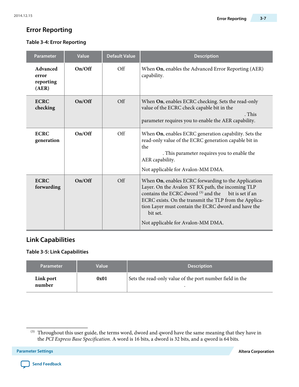 Error reporting, Link capabilities | Altera Arria V Avalon-ST User Manual | Page 30 / 248