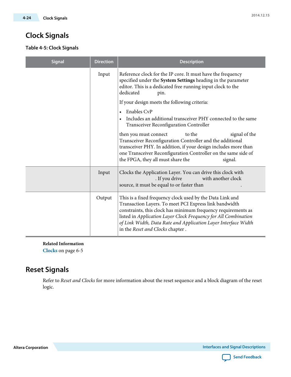 Clock signals, Reset signals | Altera Arria V Avalon-ST User Manual | Page 61 / 248