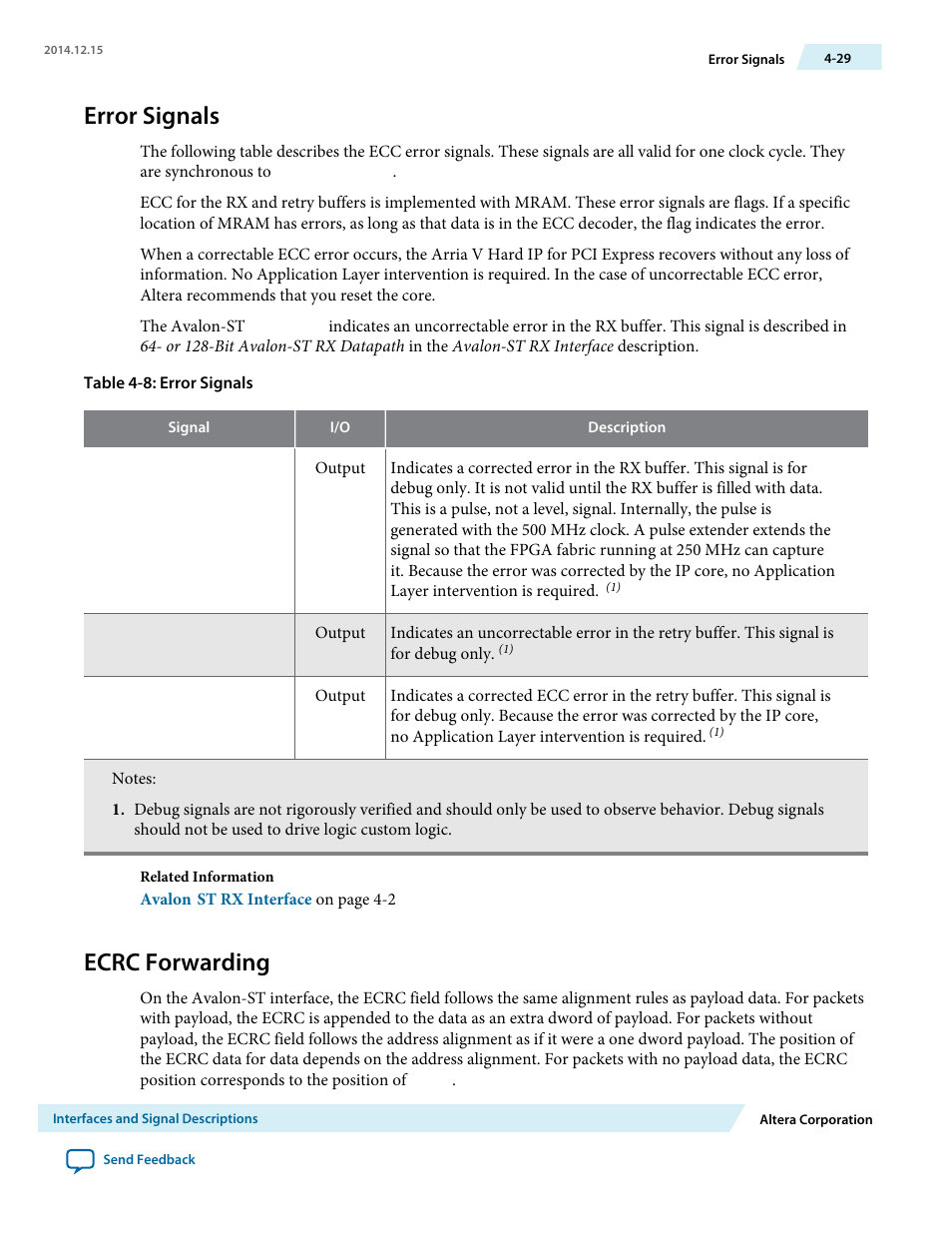 Error signals, Ecrc forwarding | Altera Arria V Avalon-ST User Manual | Page 66 / 248