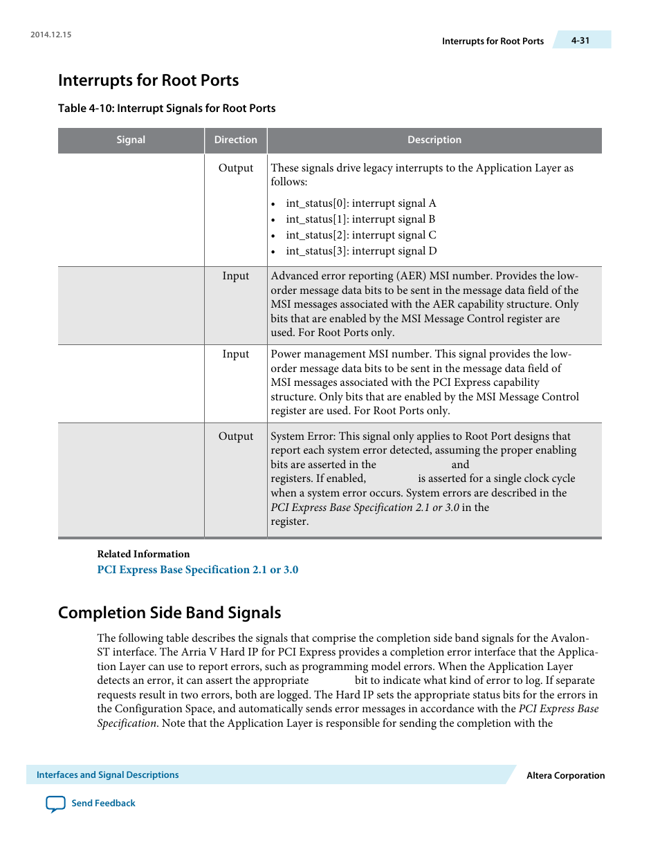 Interrupts for root ports, Completion side band signals | Altera Arria V Avalon-ST User Manual | Page 68 / 248