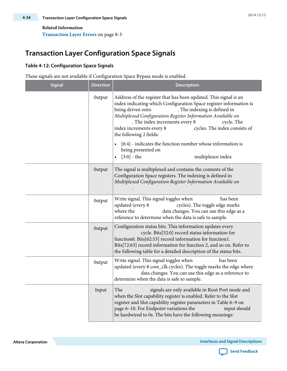 Transaction layer configuration space signals | Altera Arria V Avalon-ST User Manual | Page 71 / 248